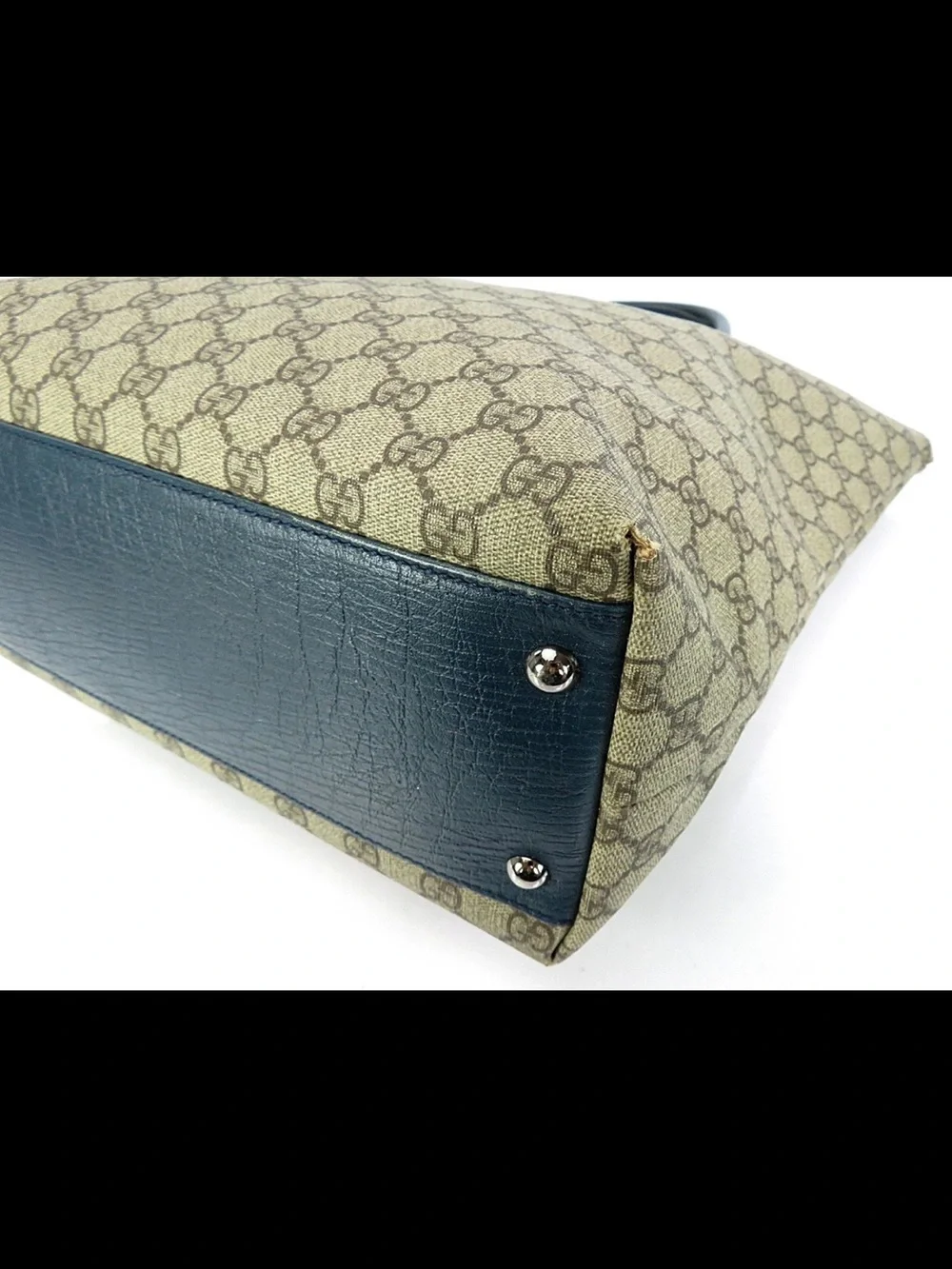 Gucci Beige GG Canvas Tote with Blue Leather Handles